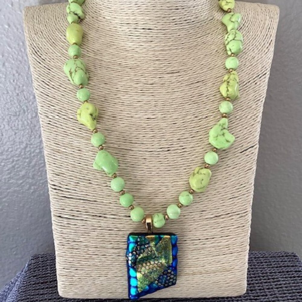 Artisan Green Statement Necklace, Glass Beads with Fused Glass Pendant (19")